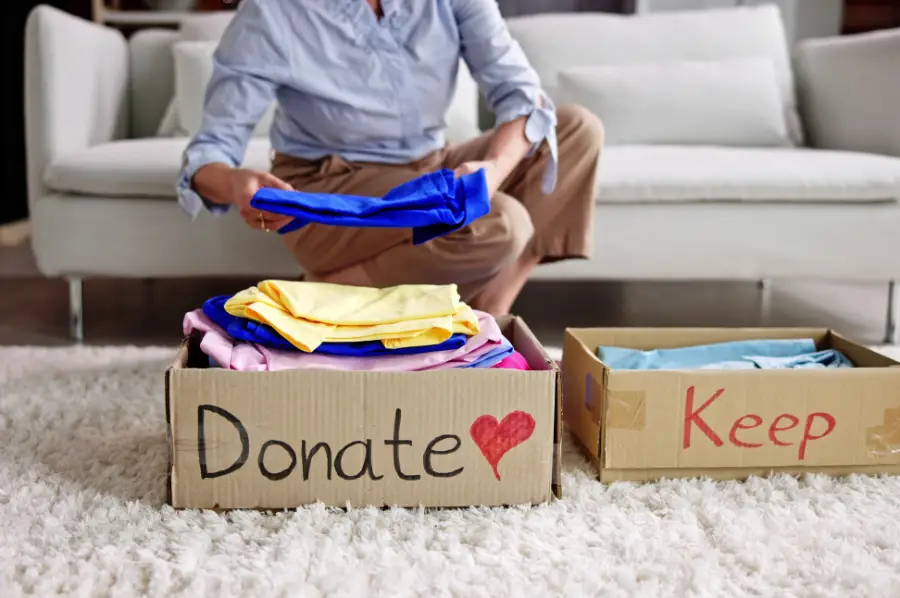 Donate Keep Clothes Piles Wardrobe Organisation Decluttering
