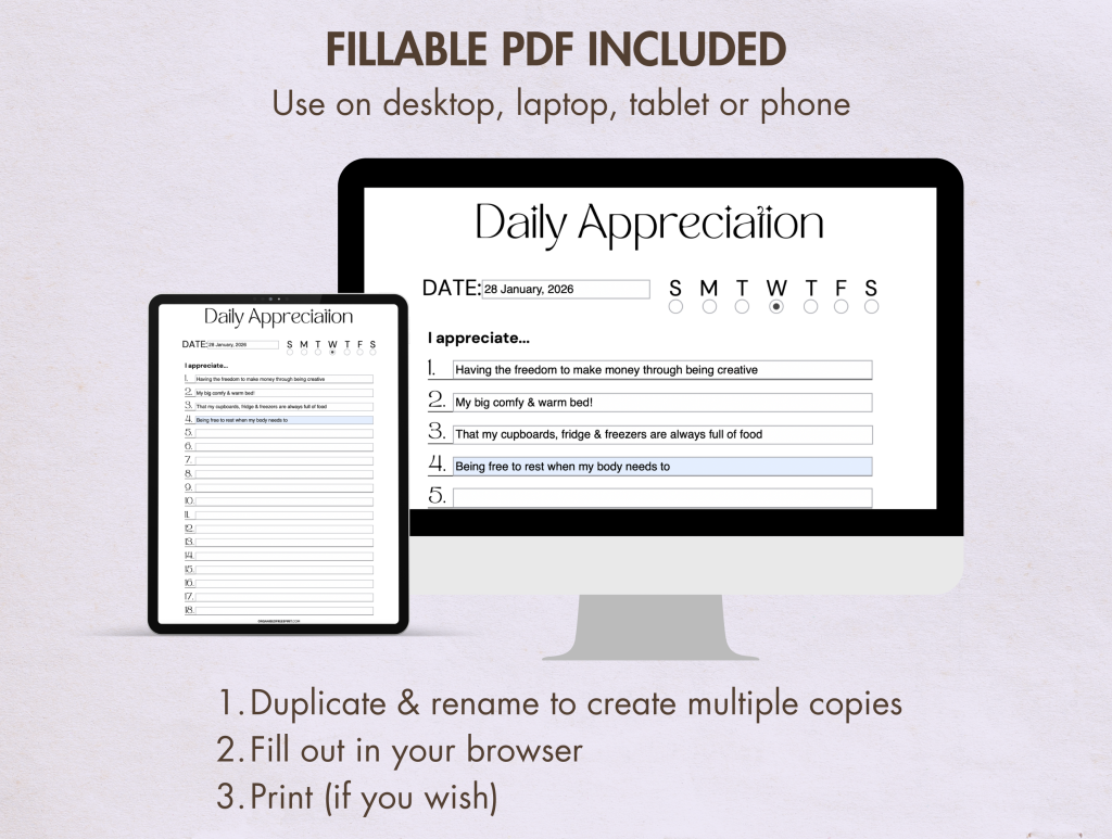 Daily Appreciation Journal (Printable & Fillable PDF)