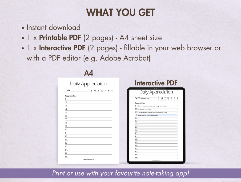 Daily Appreciation Journal (Printable & Fillable PDF)
