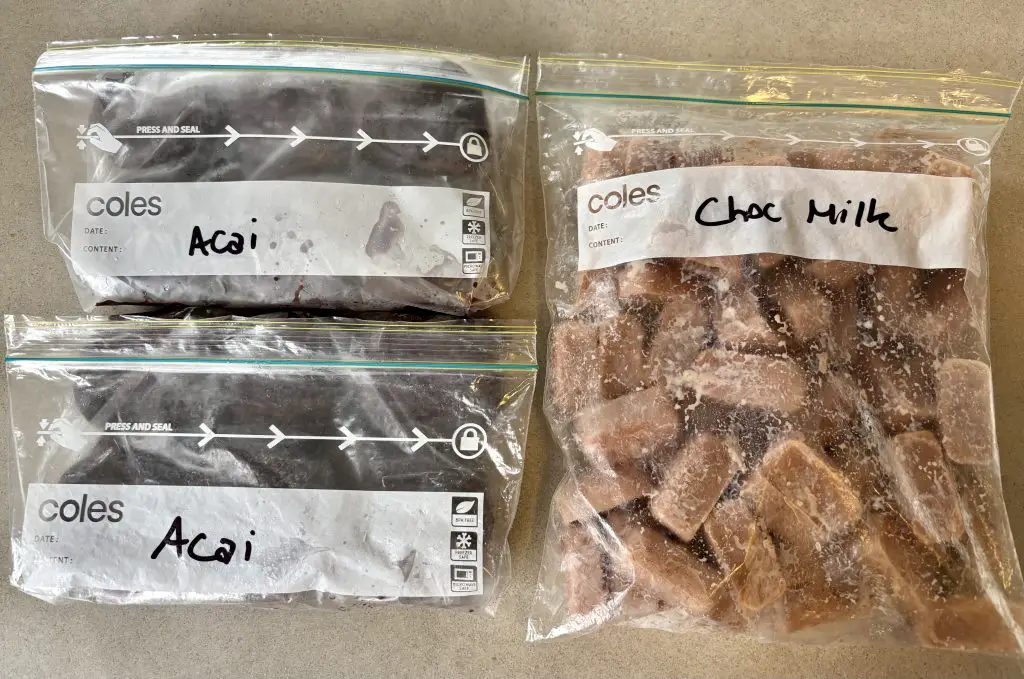 Portioned & frozen perishable foods, ziplock bags for storage
