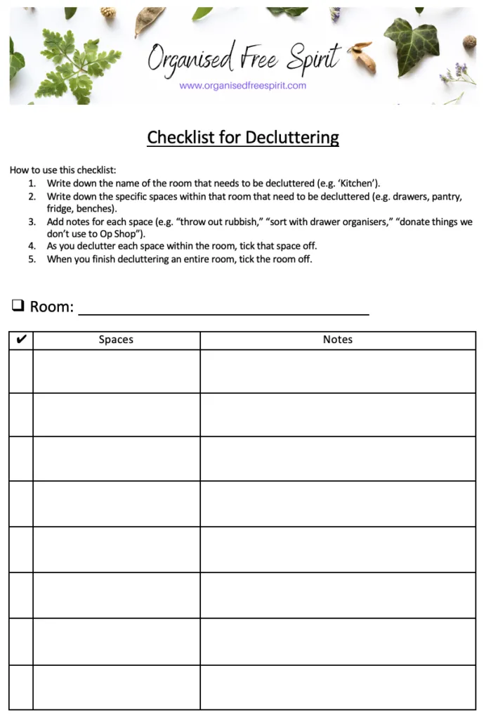 Checklist for Decluttering